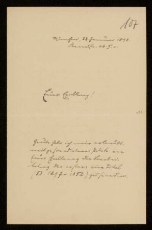 107: Brief von Karl von Unzer an Gottlieb Planck, München, 28.1.1898