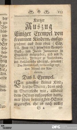Kurtzer Auszug Einiger Exempel von frommen Kindern, ...