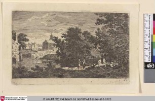 [Weg zu einer Stadt führend; A road leading towards a town, a watermill left]