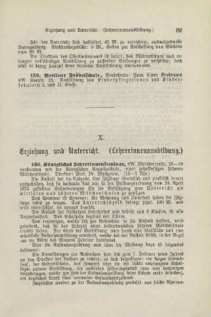X. Erziehung und Unterricht (Lehrerinnenausbildung)