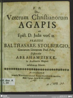 De veterum Christianorum agapis ex epist. D. Judae vers. 12