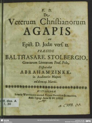 De veterum Christianorum agapis ex epist. D. Judae vers. 12