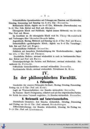 IV. In der philosophischen Facultät.