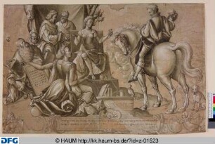 Der Weiße Reiter in der Schule oder: Der Weiße Reiter begrüßt von Grammatica und Dialectica, dahinter stehend Cicero und Demosthenes (für die Rhetorica) und sitzend: Aristoteles und Plato (für die Philosophie).