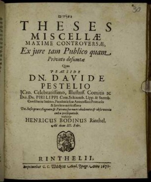 Theses Miscellae Maxime Controversae, Ex iure tam publico quam Privato desumtae