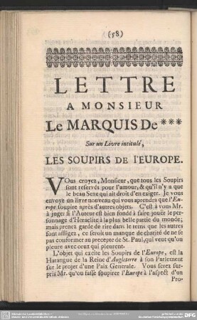Lettre A Monsieur Le Marquis De *** Sur un Livre intitulé, Les Soupirs De l`Europe