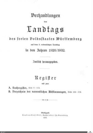 2,26: Landtag Württemberg - Kammer 2, Register 1928-1932