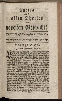 XXXVII. Nachl. Coburg, den 13. Sept. 1760.