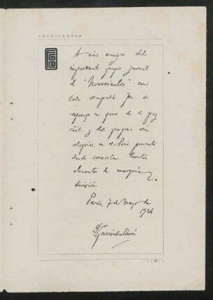 [Facsímile de una carta desde Francisco García Calderón Rey á "Novecientos"]