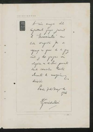 [Facsímile de una carta desde Francisco García Calderón Rey á "Novecientos"]