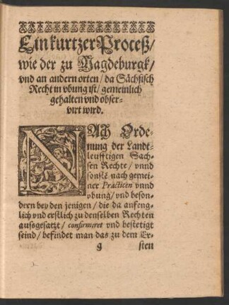 Ein kurtzer Proceß/ wie der zu Magdeburgk/ und an andern orten/ da Sächsisch Recht in ubung ist/ gemeinlich gehalten und observirt wird.