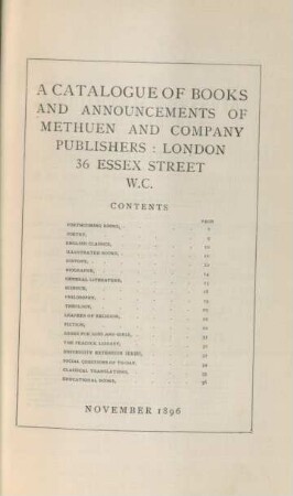 A catalogue of books and announcements of Methuen and Company Publishers : London 36 Essex Street W.C.