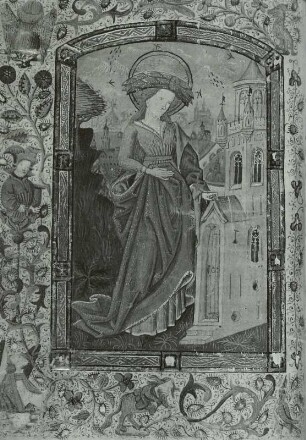 Illumination eines Stundenbuches, Heilige Barbara und ornamentale Rahmung