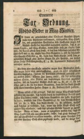 Erneuerte Tax-Ordnung. Abschid-Gelder in Klag-Händlen.