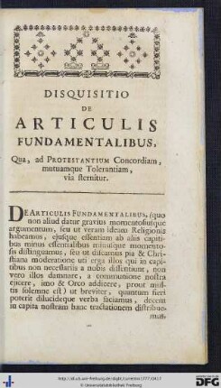 Disquistio De Articulis Fundamentalibus.