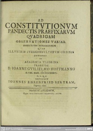 Ad Constitutionum Pandectis Praefixarum Quadrigam Observationes Variae. - 1734