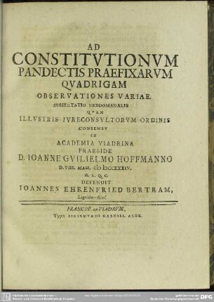 Ad Constitutionum Pandectis Praefixarum Quadrigam Observationes Variae. - 1734