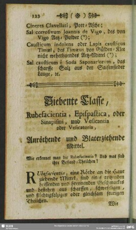 Siebente Classe, Rubefacientia, Epispastica, ... Anröthende und Blaterziehende Mittel