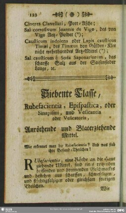 Siebente Classe, Rubefacientia, Epispastica, ... Anröthende und Blaterziehende Mittel