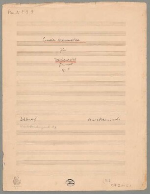 Sonata drammatica, vl (2), vla, vlc, op.5, fis-Moll - BSB Mus.N. 139,9 : [title page:] Sonata drammatica // für // Streichquartett // fis-Moll // op. 5 // Zehlendorf [added with pencil: Charlottenburgerstr. 24] // Henri Kaminski