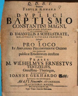 Examen Fabvlae Romanae De Dvplici Baptismo Constantini Magni