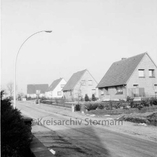 Wilstedt-Siedlung: rechts Büsche und Straßenlampe: hinten Reihe von Einfamilienhäusern mit Vorgärten