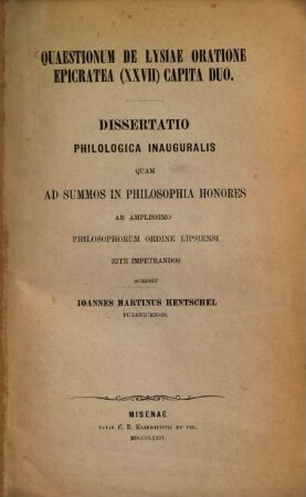 Quaestionum de Lysiae oratione Epicratea (XXVII) capita duo