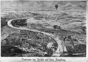 Panorama von Dresden und seiner Umgebung (Dresden aus der Vogelschau von West, im Hintergrund das Elbsandsteingebirge)