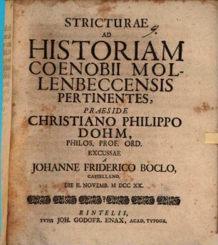 Stricturae ad historiam coenobii Mollenbeccensis pertinentes