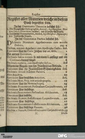 Register aller Materien welche in diesem Buch begriffen seyn.