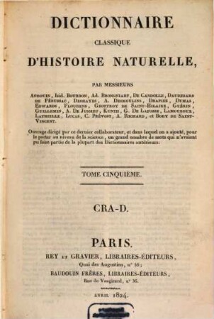 Dictionnaire classique d'histoire naturelle, 5. Cra - D