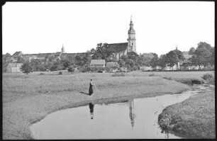 Königsbrück. Blick von der Pulsnitz auf die Kirche