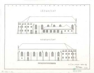 Fischer, Theodor; Nördlingen; Stadthalle - Nord - u. Südseite (Ansichten)
