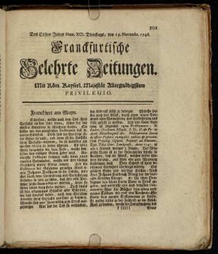 Num. XCI. Dienstags, den 15. Novembr. 1746 - Num. C. Freytags, den 16. Decembr. 1746