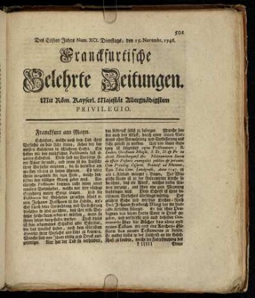 Num. XCI. Dienstags, den 15. Novembr. 1746 - Num. C. Freytags, den 16. Decembr. 1746
