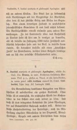 497-500 [Rezension] Iustinus Martyr, S. Iustini Apologiae