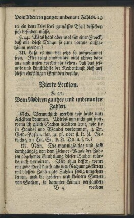 Vierte Lection. Vom Addiren gantzer und unbenanter Zahlen
