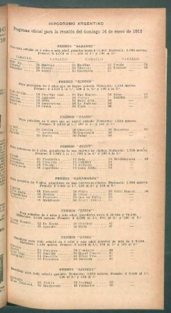 Hipódromo Argentino - Programa oficial para la reunión del domingo 14 de enero de 1912