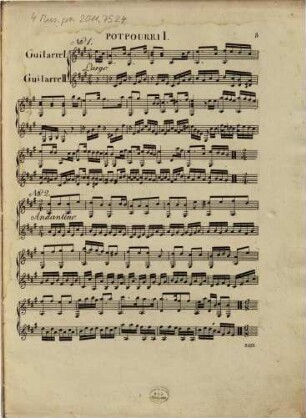Troisième divertissement pour les commençans : ou choix de 24 ariettes connues arrangées pour deux guitares ou guitare seule et divisées en IV pot-pourris ; Oeuv. 72