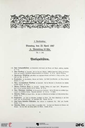 I. Auctionstag: Antiquitäten (Nr. 1-185)