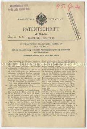 Patentschrift einer Hebevorrichtung für das Schneidwerk von Mähmaschinen, Patent-Nr. 203769