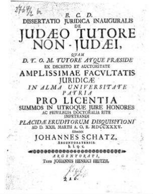 De Judaeo tutore non-Judaei / [von] Johannes Schatz