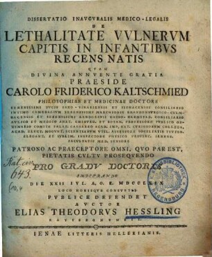 Dissertatio Inavgvralis Medico-Legalis De Lethalitate Vvlnervm Capitis In Infantibvs Recens Natis