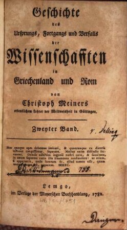 Geschichte des Ursprungs, Fortgangs und Verfalls der Wissenschaften in Griechenland und Rom, 2