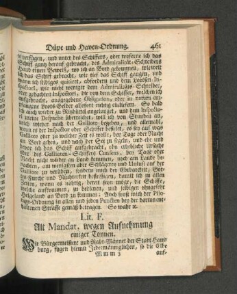 Lit. F. Alt Mandat, wegen Aufnehmung einiger Tonnen.