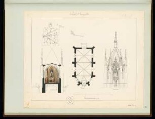 Waldkapelle Monatskonkurrenz März 1862: Grundriss, Aufriss Choransicht, Querschnitt (Richtung Altar), Detail: Türschloss, Horizontalschnitt der Eingangsrahmung; Maßstabsleiste