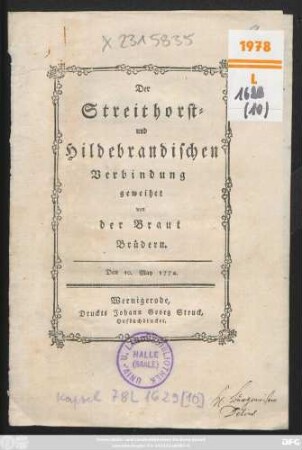 Der Streithorst- und Hildebrandischen Verbindung geweihet von der Braut Brüdern : Den 10. May 1774