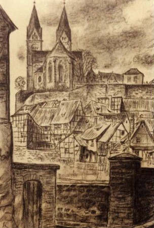 Quedlinburg - Stiftskirche : Kreidezeichnung von H. Hedloff, Stiftskirche vom Wasserwinkel