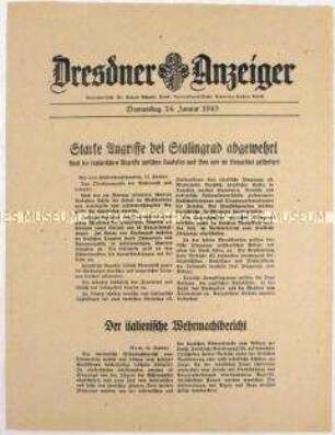 Nachrichtenblatt "Dresdner Anzeiger" mit Meldungen des Oberkommandos der Wehrmacht und des italienischen Oberkommandos u.a. zur Schlacht um Stalingrad