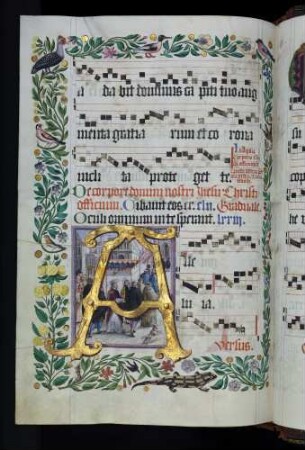 Zierseite mit Bordürenrahmen, Initiale mit Miniatur: A(lleluia): Prozession zu Fronleichnam